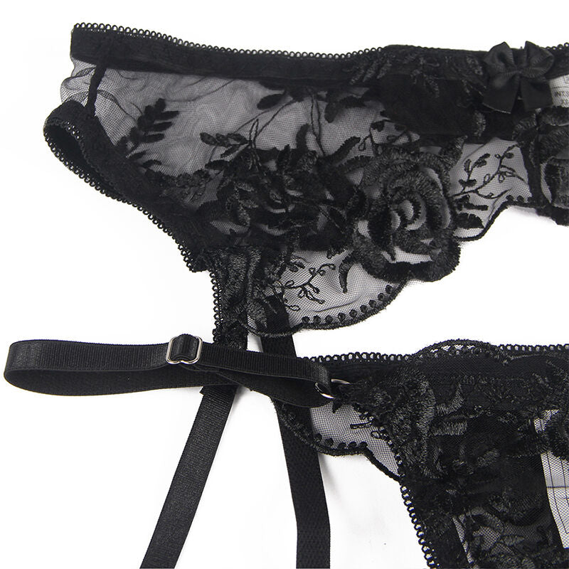 SUBBLIME - ENSEMBLE 3 PIÈCES SOUTIEN-GORGE + STRING + JARRETELLE IMPRIMÉ FLORAL NOIR L/XL