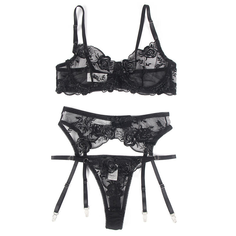 SUBBLIME - ENSEMBLE 3 PIÈCES SOUTIEN-GORGE + STRING + JARRETELLE IMPRIMÉ FLORAL NOIR L/XL