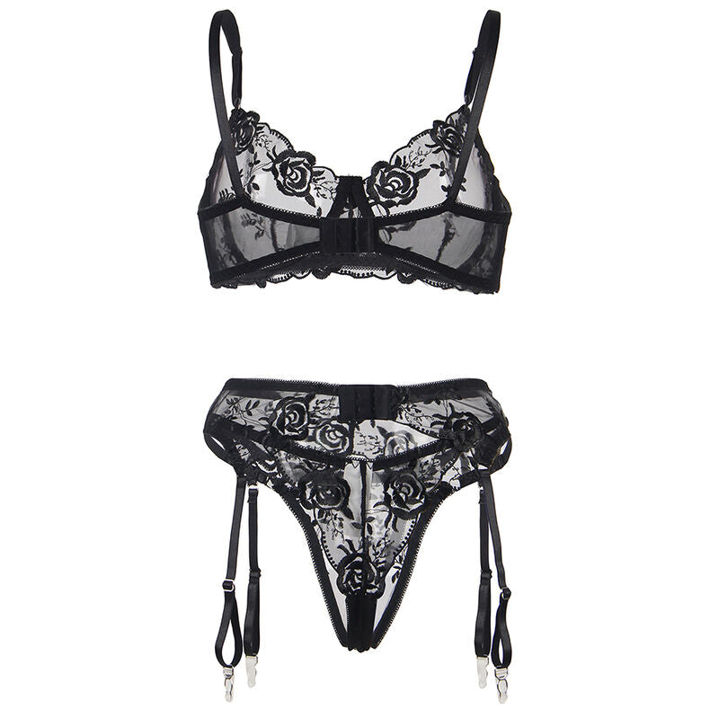 SUBBLIME - ENSEMBLE 3 PIÈCES SOUTIEN-GORGE + STRING + JARRETELLE IMPRIMÉ FLORAL NOIR L/XL