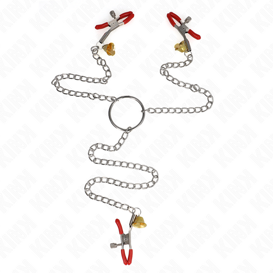 KINK - BELL TRIPLE PINZAS PARA PEZONES Y CLÍTORIS ROJAS CON CADENA 30 CM