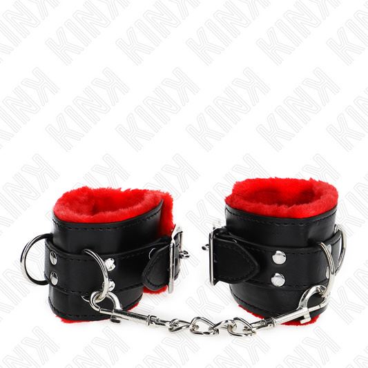 KINK - SUJECIONES DE MUÑECA CON FORRO DE PIEL Y AGUJEROS CUADRADOS CINTURÓN ROJO Y NEGRO AJUSTABLE 17-29 CM X 6 CM