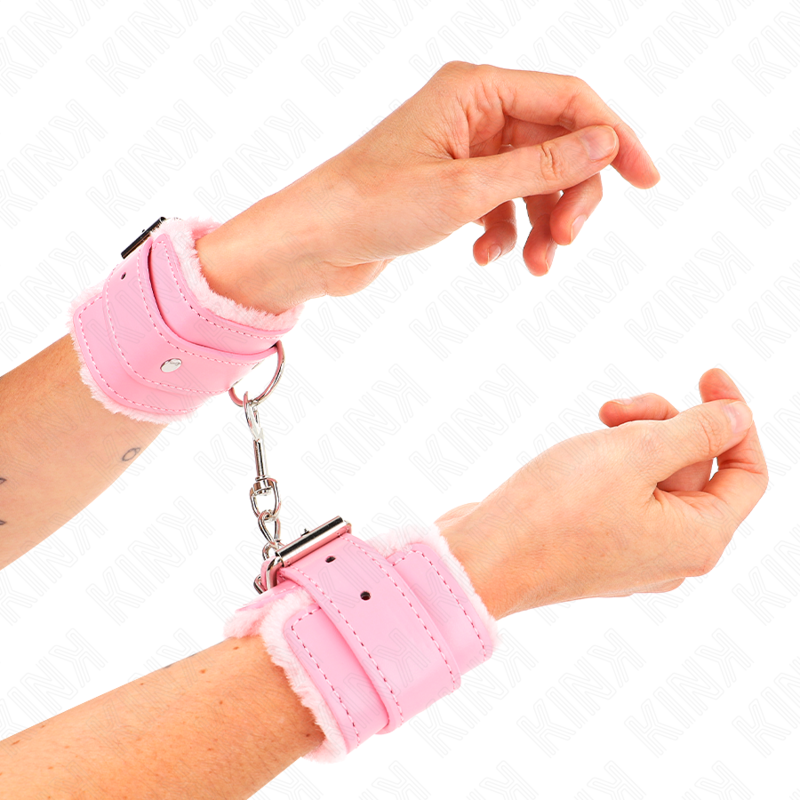 KINK - ATTACHES DE POIGNET DOUBLÉES DE FOURRURE ROSE AVEC CEINTURE ROSE RÉGLABLE 17-29 CM X 6 CM