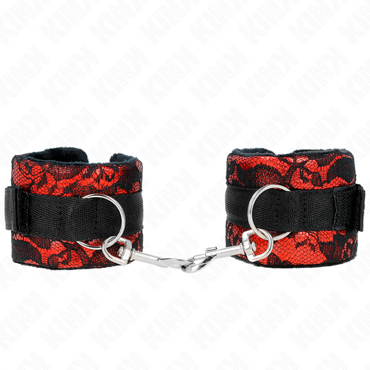 KINK - SUJECIONES DE MUÑECA DE ENCAJE DE TERCIOPELO CORTO Y ATADURA DE NYLON ROJO/NEGRO 23 X 6,5 CM