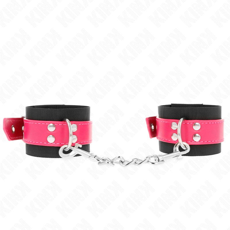 KINK - SUJECIONES DE MUÑECA DE NYLON NEGRAS CON CINTURÓN DE CUERO SINTÉTICO COLOR FRAMBUESA AJUSTABLE 19-29 CM X 5,1 CM