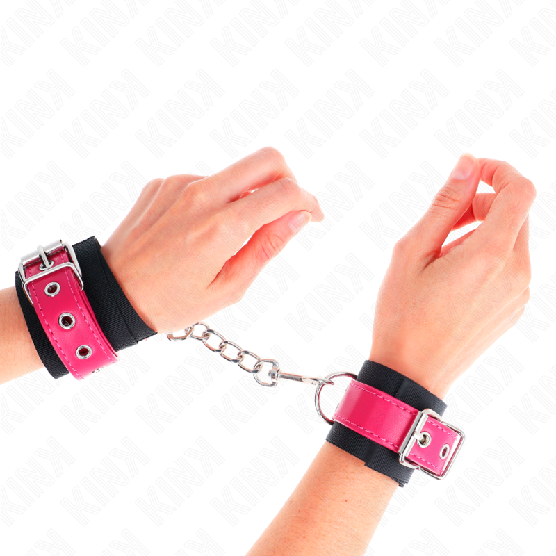 KINK - SUJECIONES DE MUÑECA DE NYLON NEGRAS CON CINTURÓN DE CUERO SINTÉTICO COLOR FRAMBUESA AJUSTABLE 19-29 CM X 5,1 CM