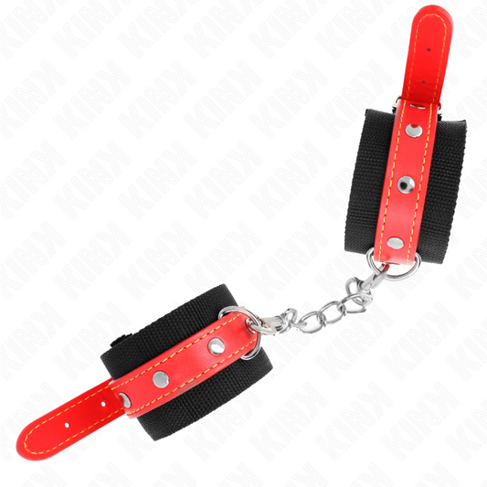KINK - SUJECIONES DE MUÑECA DE NYLON NEGRAS CON CUERO SINTÉTICO ROJO AJUSTABLES 19-24 CM X 5,5 CM