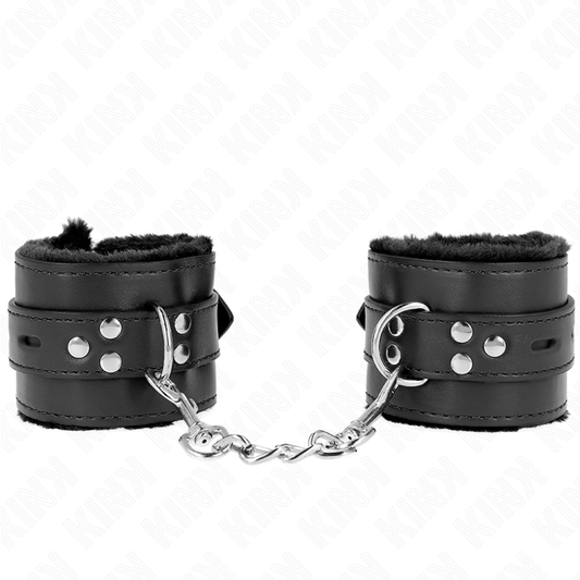 KINK - SUJECIONES DE MUÑECA CON FORRO DE PIEL Y AGUJEROS CUADRADOS NEGROS Y CINTURÓN NEGRO AJUSTABLE 17-29 CM X 6 CM