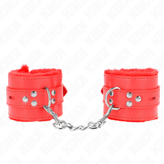 KINK - SUJECIONES DE MUÑECA CON FORRO DE PIEL Y AGUJEROS CUADRADOS, CINTURÓN ROJO Y AJUSTABLE, 17-29 CM X 6 CM