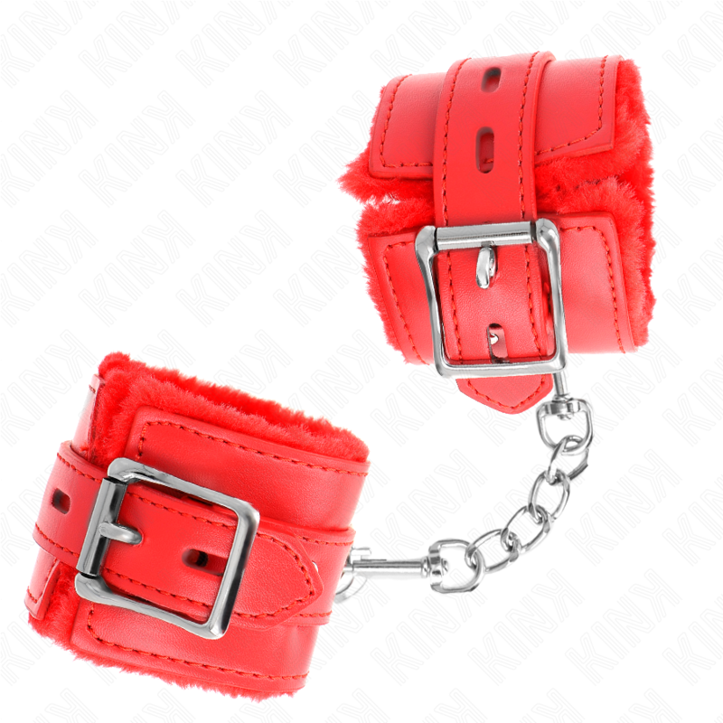 KINK - ATTACHES DE POIGNET DOUBLÉES DE FOURRURE AVEC TROUS CARRÉS ROUGES ET CEINTURE ROUGE RÉGLABLE 17-29 CM X 6 CM