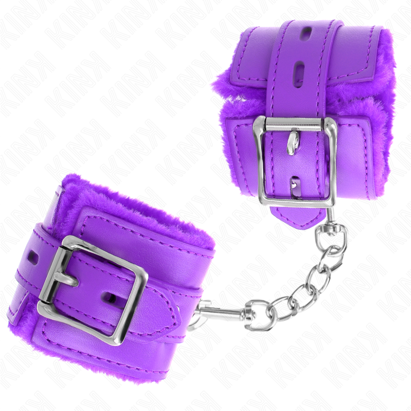 KINK - ATTACHES DE POIGNET DOUBLÉES DE FOURRURE AVEC TROUS CARRÉS VIOLET ET CEINTURE VIOLET RÉGLABLE 17-29 CM X 6 CM