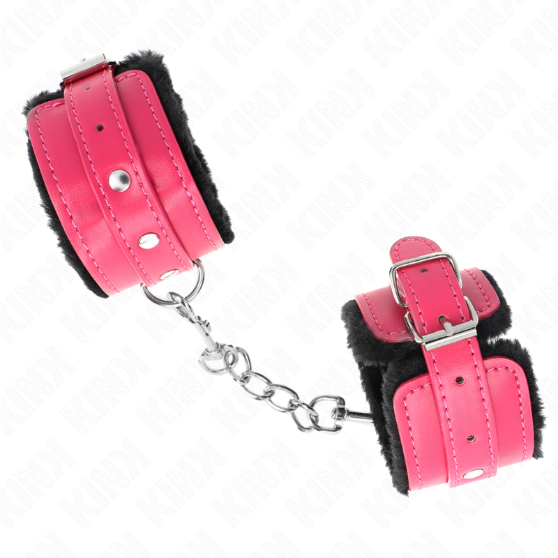 KINK - SUJECIONES DE MUÑECA CON FORRO DE PIEL PREMIUM NEGRO CON CINTURÓN ROSA FRAMBUESA AJUSTABLE 17-29 CM X 6 CM