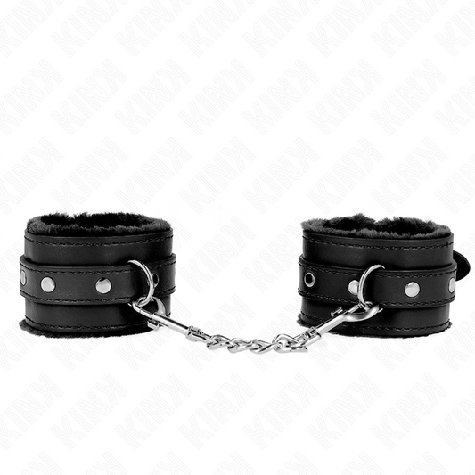 KINK - SUJECIONES DE MUÑECA CON FORRO DE PIEL PREMIUM NEGRO CON CINTURÓN NEGRO AJUSTABLE 17-29 CM X 6 CM