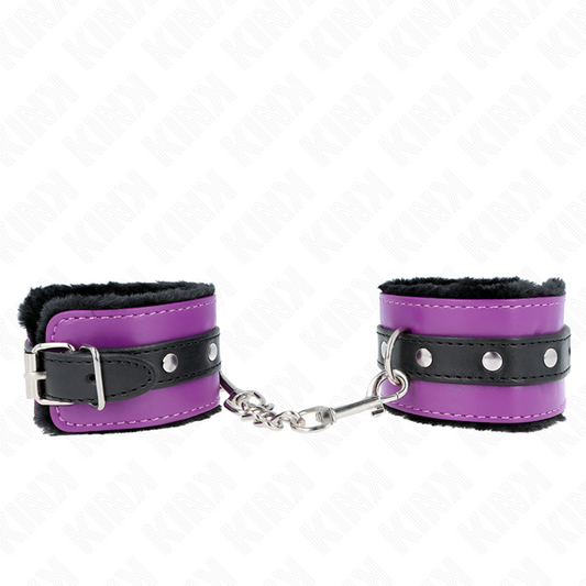 KINK - SUJECIONES DE MUÑECA CON FORRO DE PIEL PREMIUM NEGRO CON CINTURÓN MORADO/NEGRO AJUSTABLE 17-29 CM X 6 CM