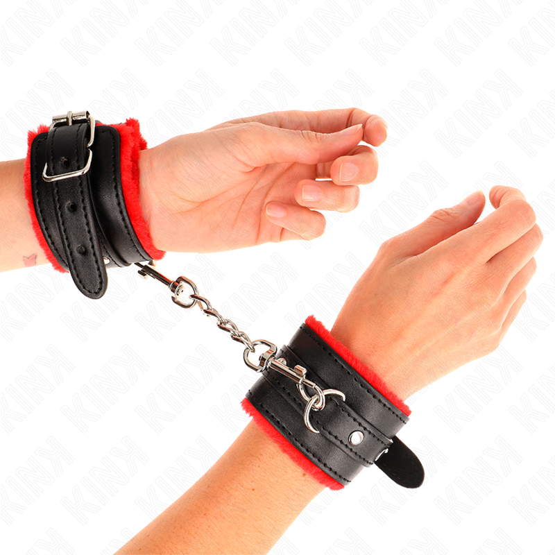 KINK - SUJECIONES DE MUÑECA CON FORRO DE PIEL PREMIUM ROJO CON CINTURÓN NEGRO AJUSTABLE 17-29 CM X 6 CM