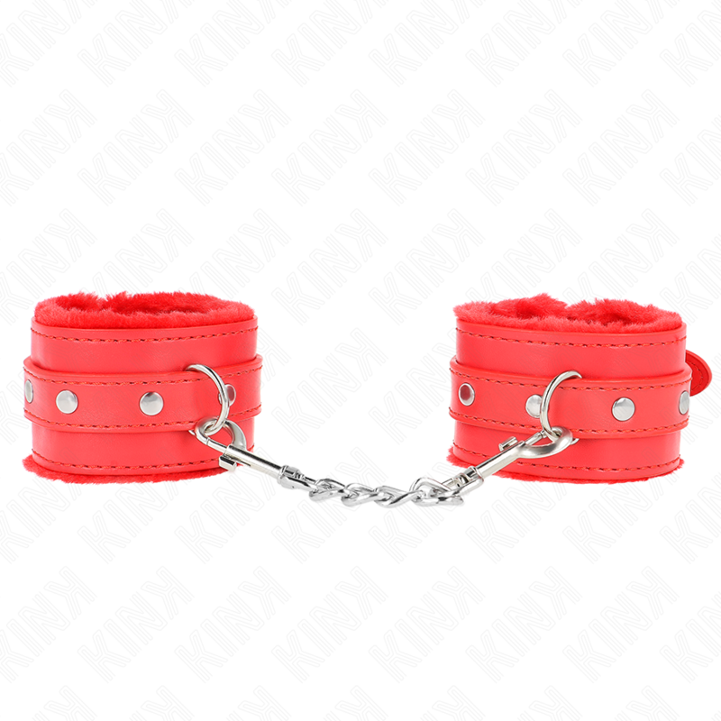 KINK - SUJECIONES DE MUÑECA CON FORRO DE PIEL PREMIUM ROJO CON CINTURÓN ROJO AJUSTABLE 17-29 CM X 6 CM