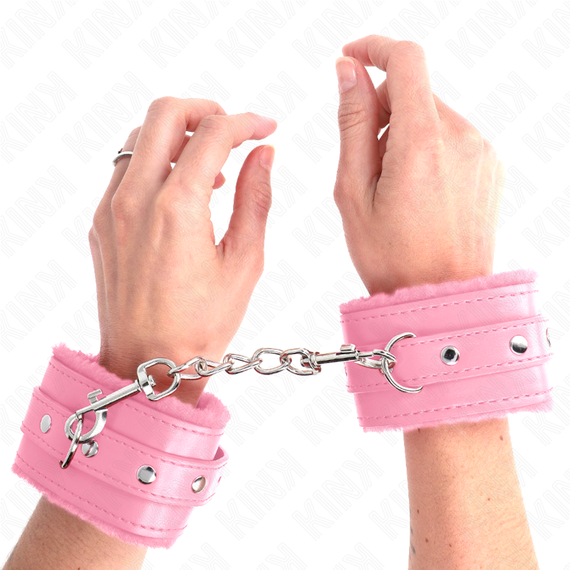 KINK - SUJECIONES DE MUÑECA CON FORRO DE PIEL PREMIUM ROSA CON CINTURÓN ROSA AJUSTABLE 17-29 CM X 6 CM
