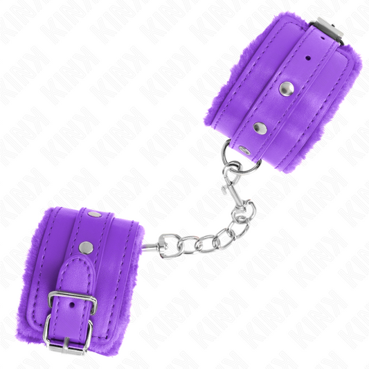 KINK - SUJECIONES DE MUÑECA CON FORRO DE PIEL PREMIUM MORADA CON CINTURÓN MORADO AJUSTABLE 17-29 CM X 6 CM