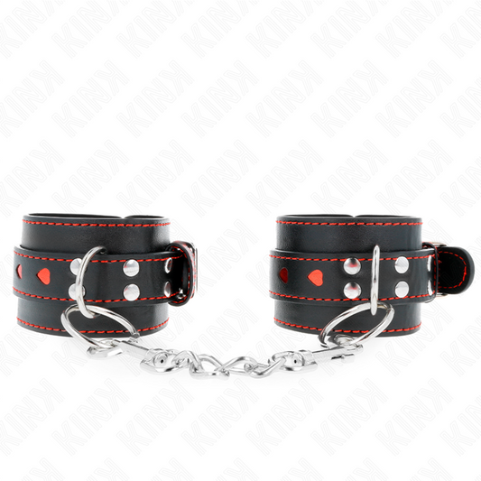 KINK - SUJECIONES DE MUÑECA NEGRAS CON INCRUSTACIÓN DE CORAZÓN ROJO AJUSTABLES 21-28 CM X 5,5 CM