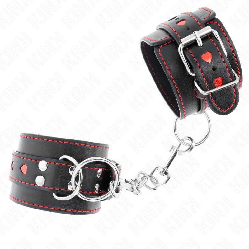 KINK - SUJECIONES DE MUÑECA NEGRAS CON INCRUSTACIÓN DE CORAZÓN ROJO AJUSTABLES 21-28 CM X 5,5 CM