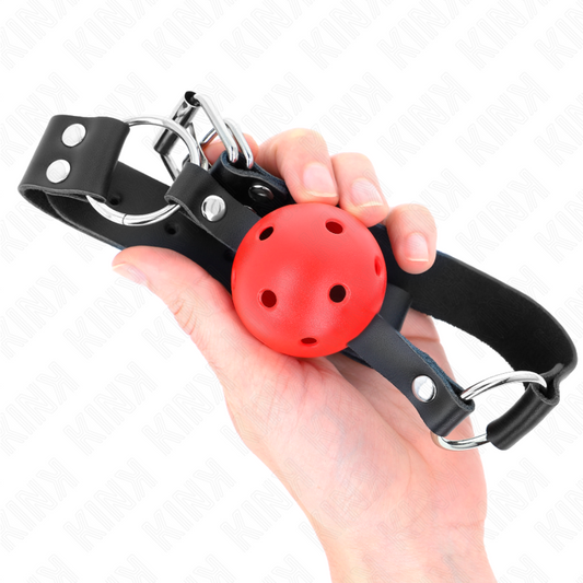 KINK - MORDAZA DE BOLA TRANSPIRABLE DE 4 CM CON DOBLE REMACHE ROJO 62,5 x 2,5 CM AJUSTABLE 42-58 CM