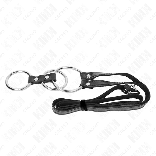 KINK - ANILLO TRIPLE DE METAL PARA EL PENE DE 3,8 CM A 5 CM CON CINTURÓN DE CUERO 112 CM
