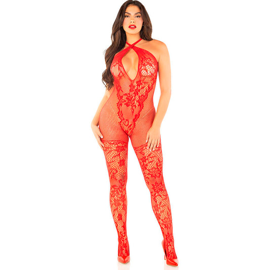 LEG AVENUE - BODYSTOCK DE MALLA CON ESTAMPADO DE FLORES ROJO TALLA ÚNICA