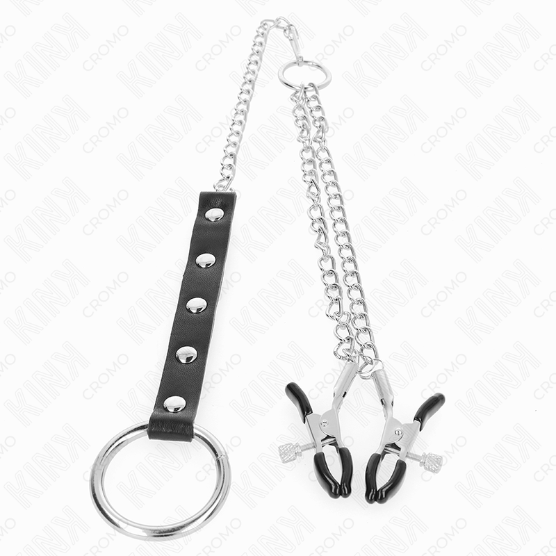 KINK - ANILLO METÁLICO PARA EL PENE CON CADENA Y PINZAS AJUSTABLES PARA PEZONES