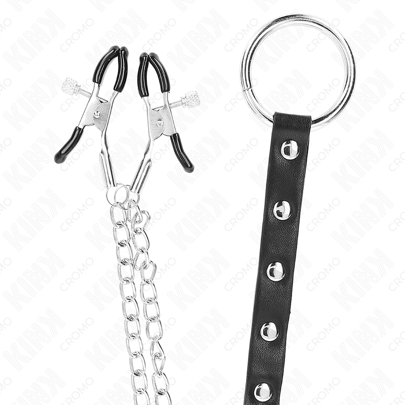 KINK - ANILLO METÁLICO PARA EL PENE CON CADENA Y PINZAS AJUSTABLES PARA PEZONES