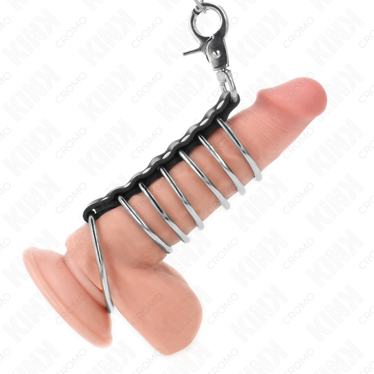 KINK - 7 ANILLOS METÁLICOS PARA EL PENE DE 3,8 CM A 5 CM CONECTADOS CON CUERO Y CADENA METÁLICA DE 100 CM