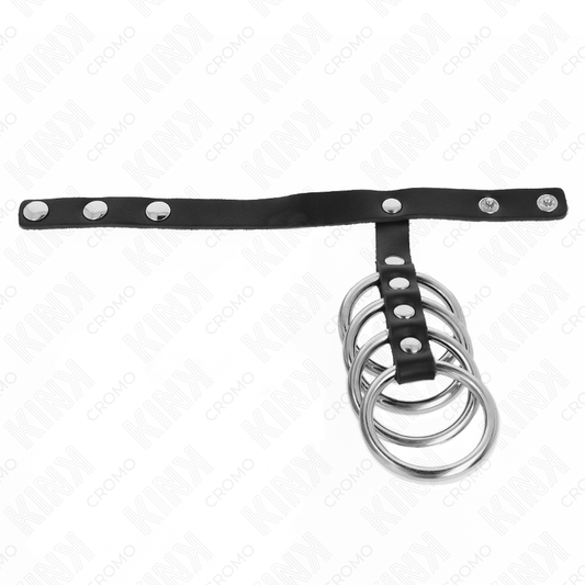 KINK - 4 ANILLOS METÁLICOS PARA EL PENE DE 3,8 CM CONECTADOS CON CORREA DE CUERO DE 22 X 1,5 CM Y CIERRE DE PRESIÓN