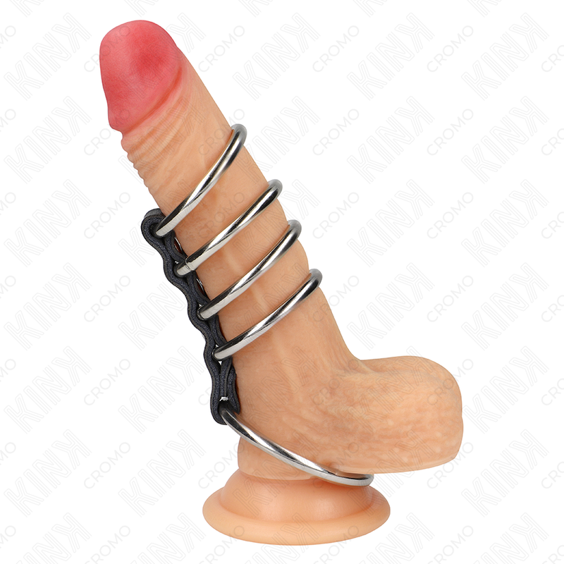 KINK - 5 ANILLOS PARA EL PENE DE 3,7 CM A 5 CM DE METAL CONECTADOS CON CUERO