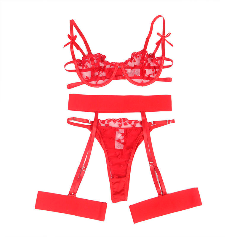 SUBBLIME - 954321 SOUTIEN-GORGE + STRING + PORTE-JARRETELLES IMPRIMÉ CŒUR ROUGE S/M