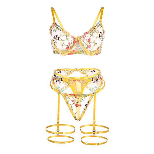 SUBBLIME - 954345 SUJETADOR + TANGA + LIGUERO DISEÑO FLORAL AMARILLO S/M