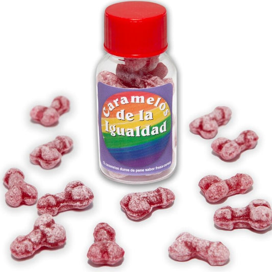 DIABLO PICANTE - 12 CARAMELOS DE IGUALDAD CON FORMA DE PENE DE FRESA/CEREZA