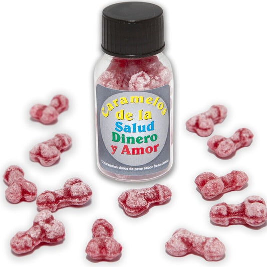 DIABLO PICANTE - 12 CARAMELOS SALUD-DINERO-AMOR FORMA DE PENE FRESA/CEREZA