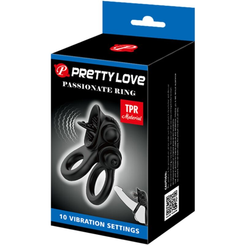PRETTY LOVE - ANILLO PASSIONATE DOBLE ANILLO VIBRADOR + ESTIMULADOR DE CLÍTORIS NEGRO