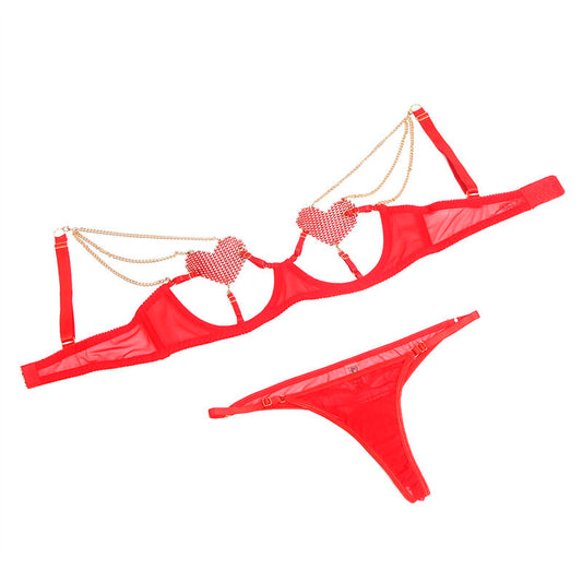 SUBBLIME - 955526 CONJUNTO DE SUJETADOR CON CADENAS Y CORAZÓN DE MALLA ROJO L/XL