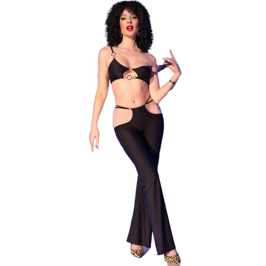 CHILIROSE - CR 4851 CONJUNTO DE TOP Y LEGGINGS NEGROS CON ACCESORIOS DORADOS L