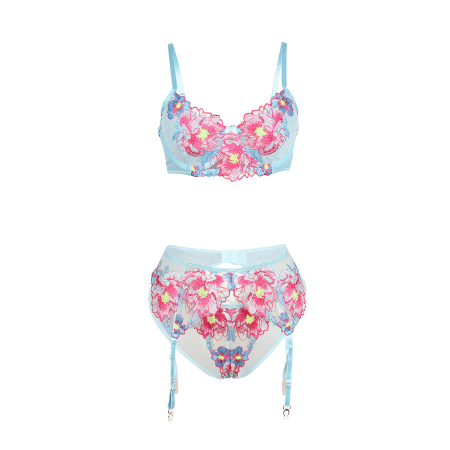 SUBBLIME - 957643 FLOWER EMBROIDERED BRA AND GARTER BELT SET PINK S/M