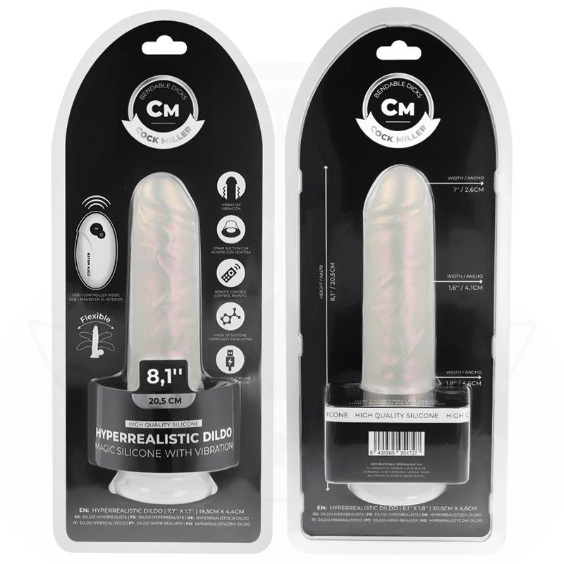 COCK MILLER - DILDO WITH SUCTION CUP, LIGHTS AND VIBRATION WITH REMOTE CONTROL WHITE 20.5 CM