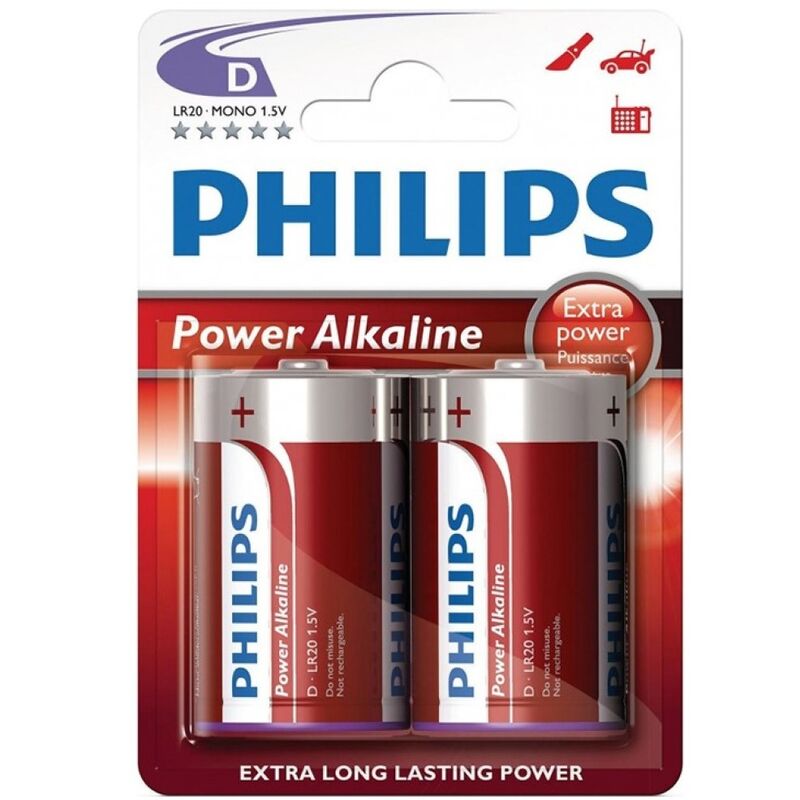 PHILIPS - Pilas alcalinas de potencia D LR20, paquete de 2